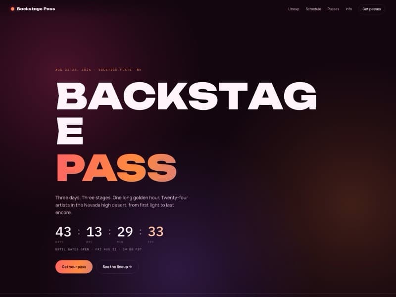 Backstage Pass template — homepage preview