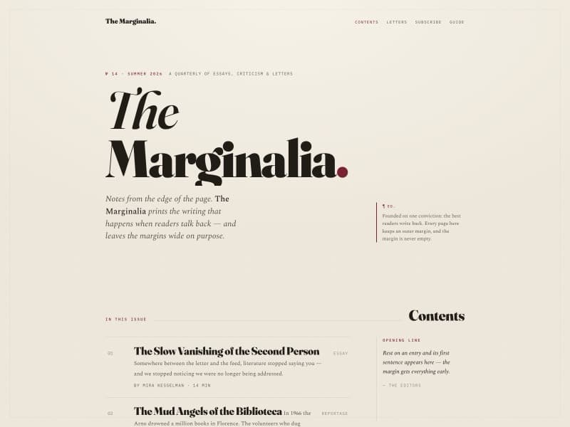 The Marginalia template — homepage preview